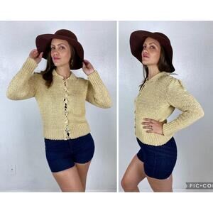 vintage 80s Beige PUFF SLEEVE Collared CARDIGAN S/Md sweater peasant Oktoberfest
